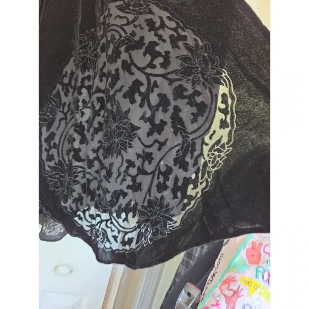 Black Velvet Kimono Shawl Butterflies Floral Burnout Tassel Fringe Wrap OS Goth‎